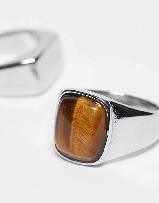 DESIGN Waterproof Stainless 2 Pack Signet Ring With Tigers Eye In Silver Tone