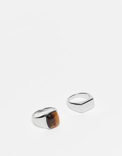 DESIGN waterproof stainless 2 pack signet ring with tigers eye in silver tone