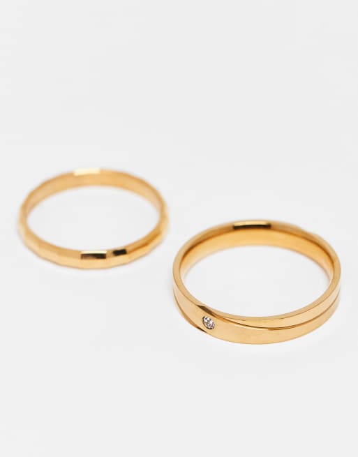 DESIGN Waterproof Stainless 2 Pack Skinny Band Ring With Crystal In Gold Tone