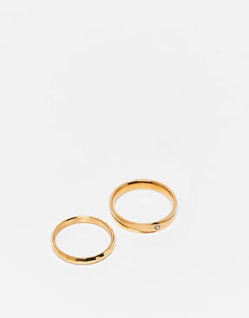 DESIGN waterproof stainless 2 pack skinny band ring with crystal in gold tone