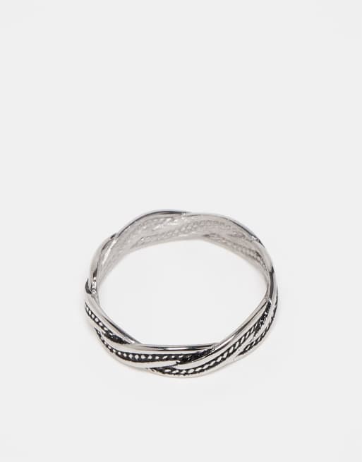 DESIGN Waterproof Stainless Plaited Ring With Burnished Engraved Design In Silver Tone