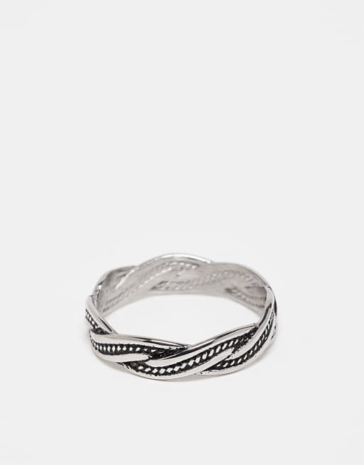 DESIGN waterproof stainless plaited ring with burnished engraved design in silver tone
