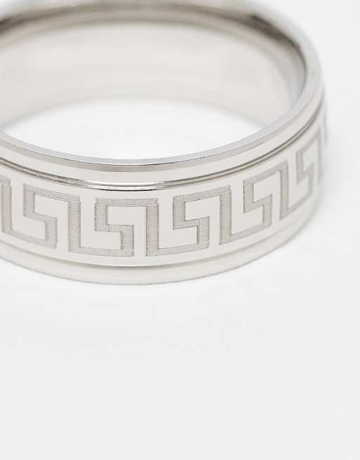 DESIGN Waterproof Stainless Steel Band Ring With Greek Wave Design In Silver Tone