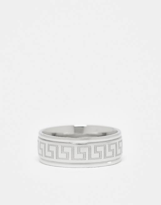 DESIGN waterproof stainless steel band ring with Greek wave design in silver tone