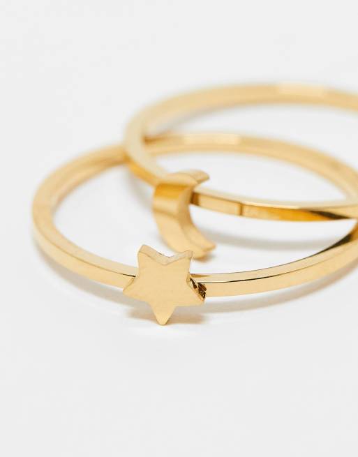 DESIGN Waterproof Stainless Steel Pack Of 2 Rings With Star And Moon In Gold Tone With Gift Bag