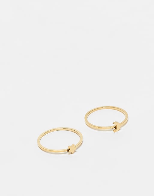 DESIGN waterproof stainless steel pack of 2 rings with star and moon in gold tone with gift bag