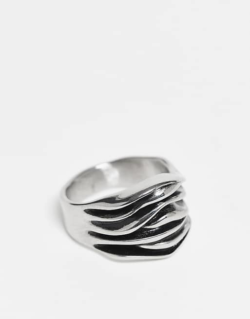 DESIGN waterproof stainless steel ridge edges ring in brushed silver tone