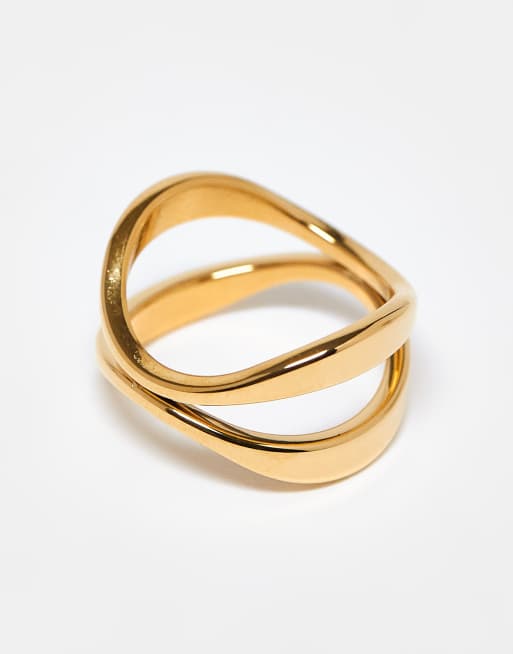DESIGN Waterproof Stainless Steel Ring With Cross-over Design In Gold Tone