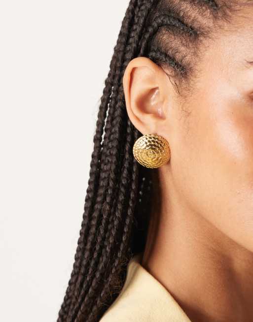 DESIGN Waterproof Stainless Steel Round Stud Earrings With Textured Finish In Gold Tone