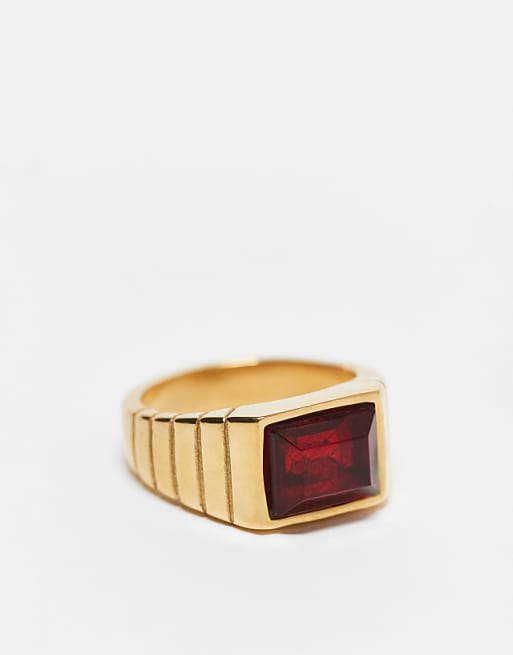 DESIGN waterproof stainless steel signet ring with red stone in gold tone