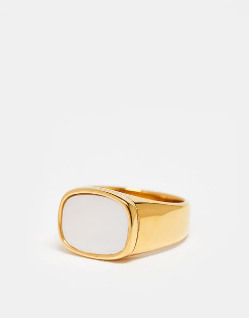 DESIGN Waterproof Stainless Steel Signet Ring With Faux Mother Of Pearl In Gold Tone