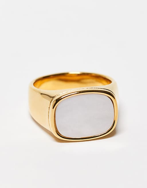 DESIGN waterproof stainless steel signet ring with faux mother of pearl in gold tone