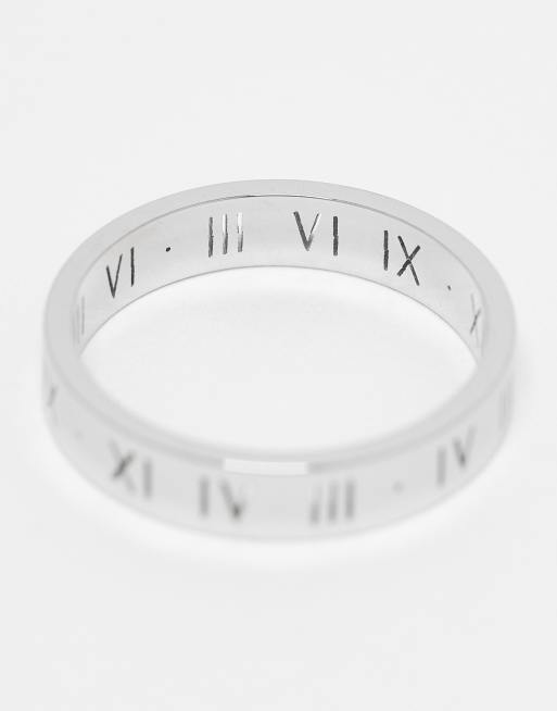 DESIGN Waterproof Stainless Steel Skinny Band Ring With Roman Numerals In Silver Tone