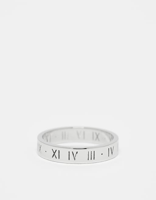 DESIGN waterproof stainless steel skinny band ring with roman numerals in silver tone