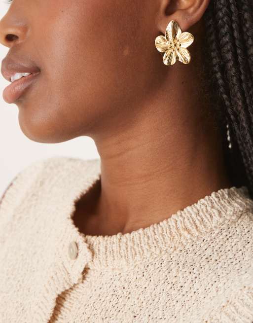 DESIGN Waterproof Stainless Steel Stud Flower Earrings In Gold Tone