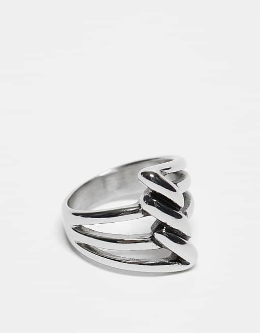DESIGN waterproof stainless steel twist detail wrap ring in silver