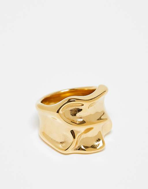 DESIGN waterproof stainless steel wide band ring in molten design in gold tone