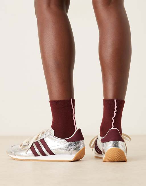 DESIGN wavy stitched detail socks in burgundy and pink