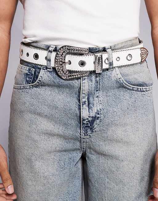 DESIGN western cowboy eyelet belt in glitter white faux leather