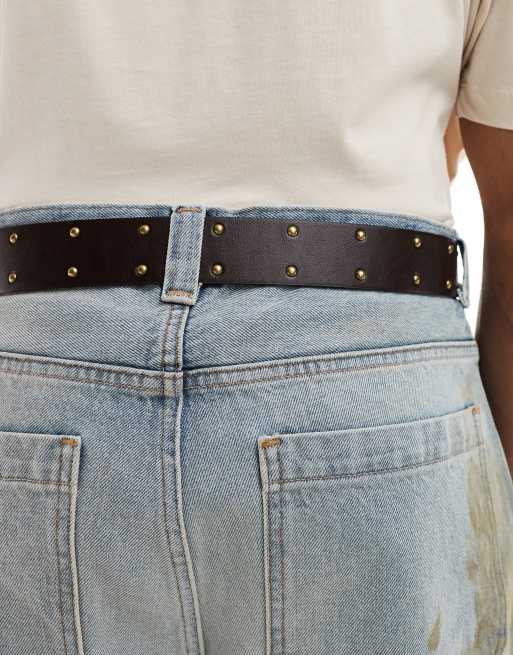 DESIGN Western Plated Bull Buckle Studded Belt In Brown Faux Leather