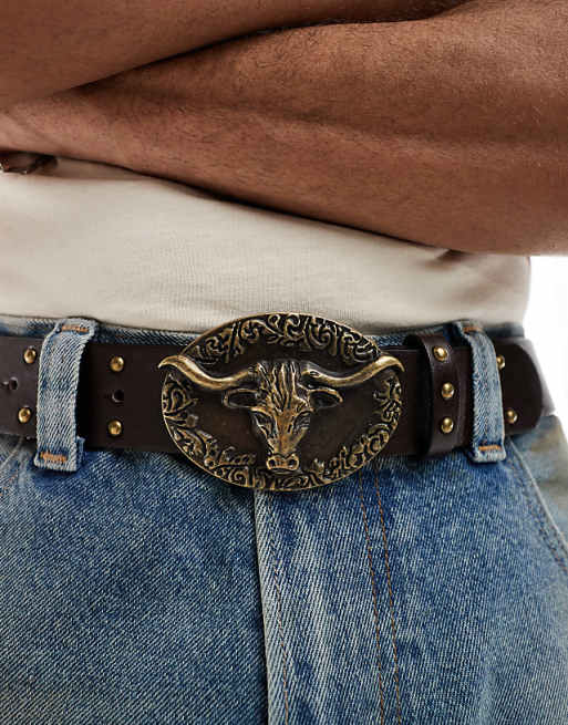 DESIGN western plated bull buckle studded belt in brown faux leather