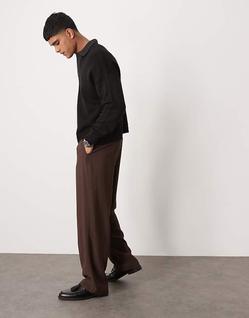 DESIGN Wide Fit Smart Trousers In Brown