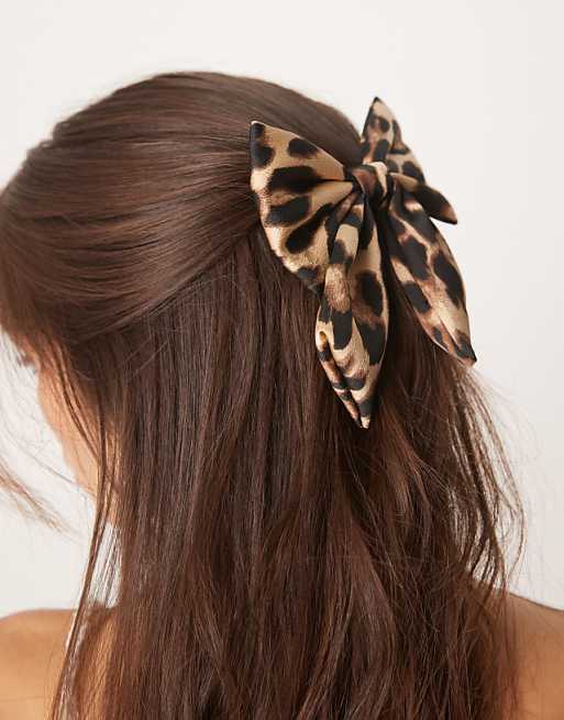 DESIGN wide hair bow clip in leopard print