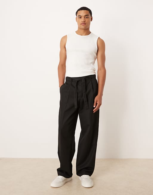 DESIGN wide leg belted trouser in black
