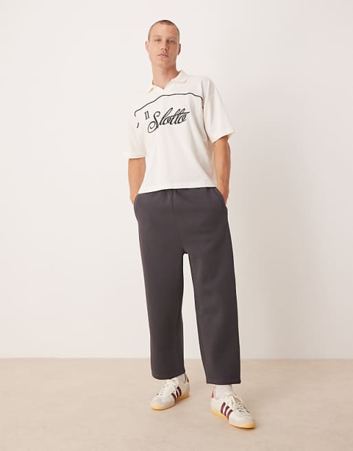 DESIGN wide leg cropped joggers in charcoal