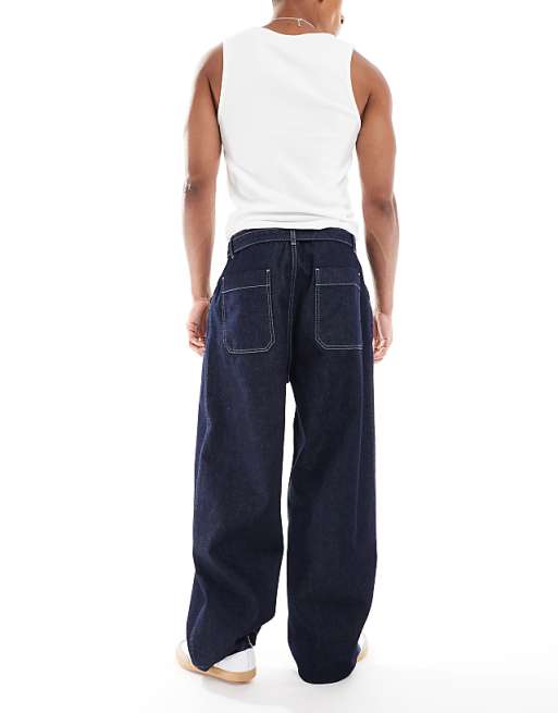 DESIGN Wide Leg Jeans In Raw Wash With Pleats And Belt