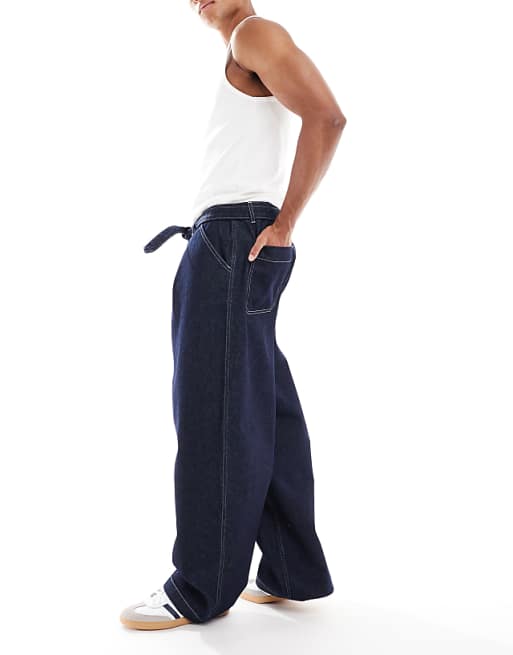 DESIGN Wide Leg Jeans In Raw Wash With Pleats And Belt