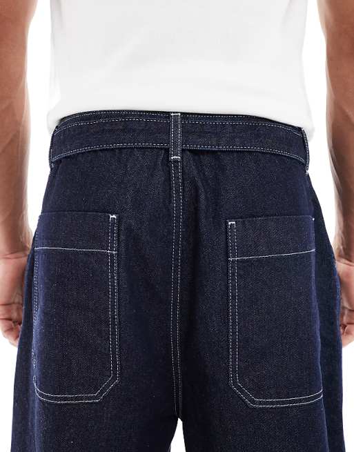 DESIGN Wide Leg Jeans In Raw Wash With Pleats And Belt