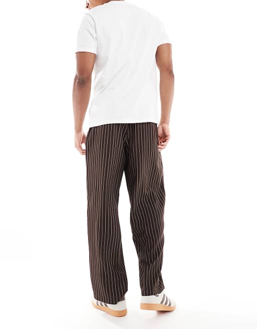 DESIGN Wide Leg Pinstripe Trouserrs With Pleat In Brown