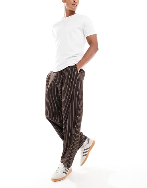 DESIGN Wide Leg Pinstripe Trouserrs With Pleat In Brown