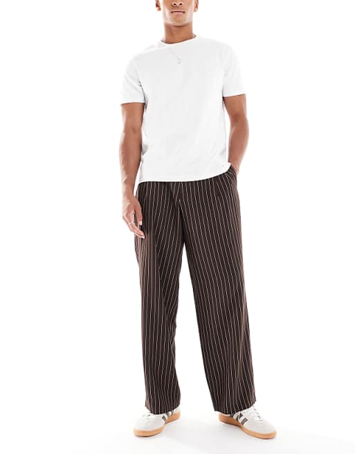 DESIGN wide leg pinstripe trouserrs with pleat in brown