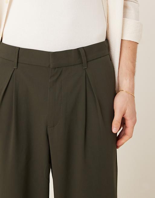 DESIGN Wide Leg Trousers With Deep Pleat In Khaki