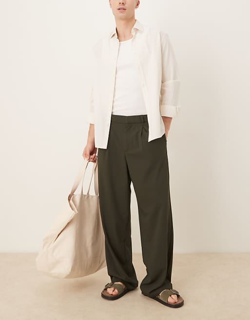 DESIGN wide leg trousers with deep pleat in khaki