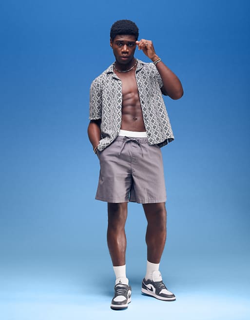 DESIGN wide linen blend shorts in grey