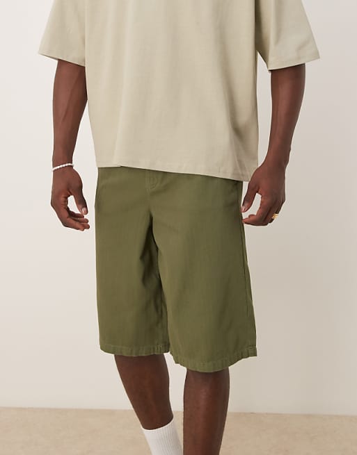 DESIGN Wide Longline Herringbone Shorts In Green