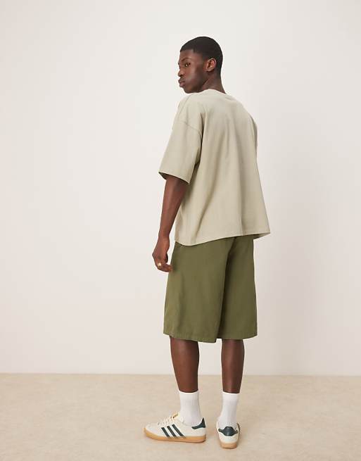 DESIGN Wide Longline Herringbone Shorts In Green