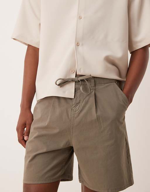 DESIGN Wide Mid Length Pleated Shorts With Drawstring In Khaki