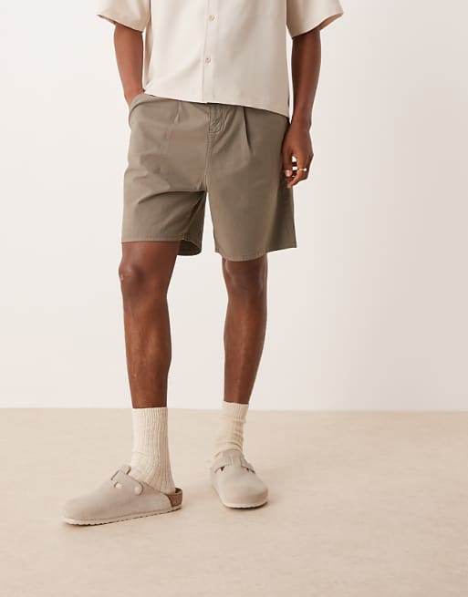 DESIGN Wide Mid Length Pleated Shorts With Drawstring In Khaki
