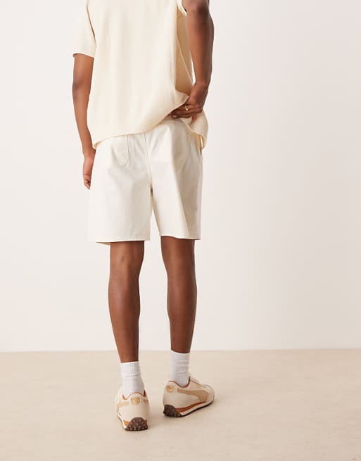 DESIGN Wide Mid Length Pleated Shorts With Drawstring In White