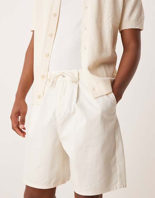 DESIGN Wide Mid Length Pleated Shorts With Drawstring In White