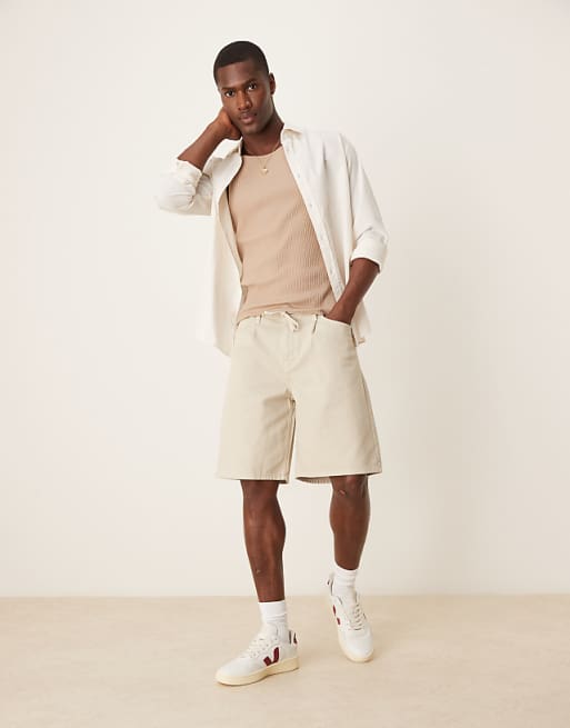 DESIGN Wide Mid Length Shorts With Front Tie In Stone