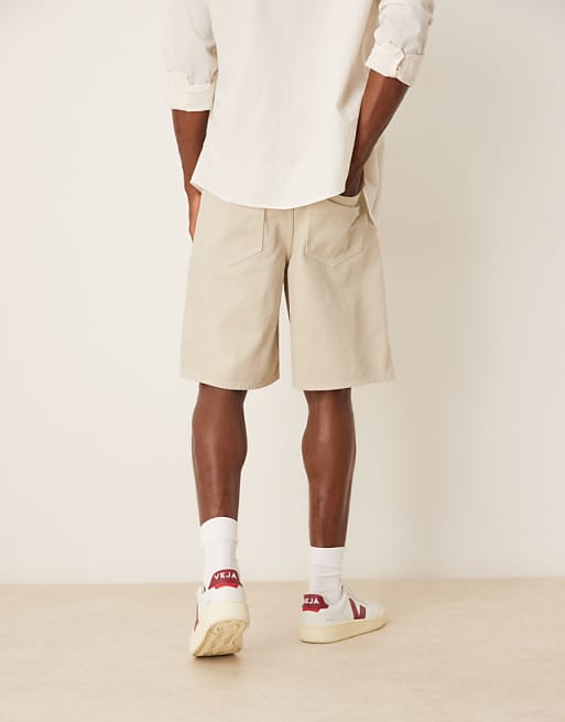 DESIGN Wide Mid Length Shorts With Front Tie In Stone