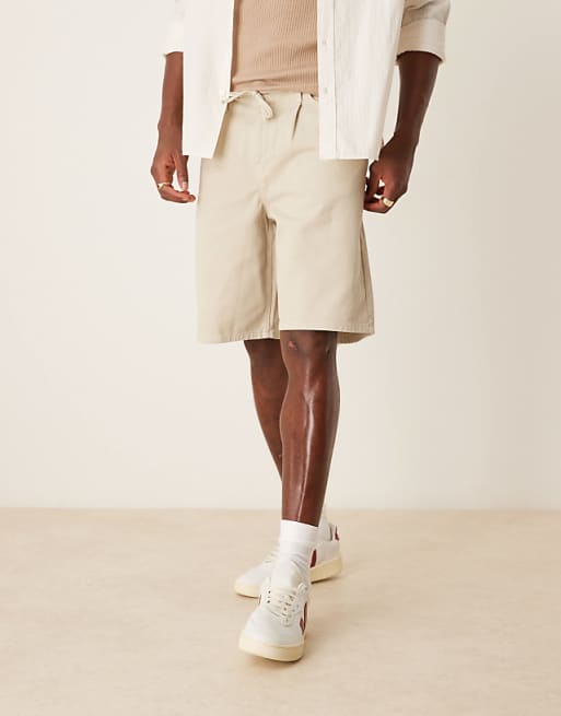 DESIGN wide mid length shorts with front tie in stone