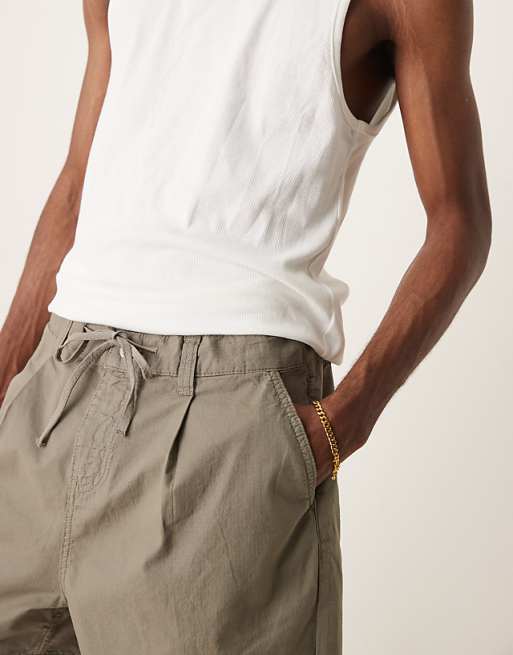 DESIGN Wide Shorter Length Shorts In Khaki With Pleats And Drawstring