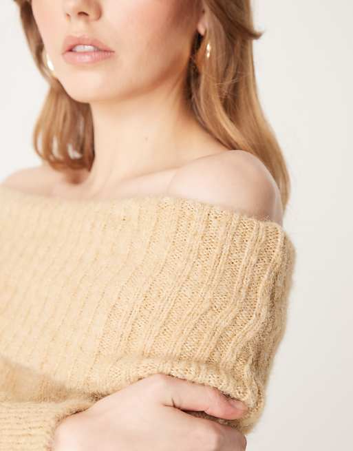 DESIGN Wool Blend Bardot Off Shoulder Jumper In Honey Beige