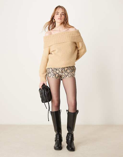 DESIGN Wool Blend Bardot Off Shoulder Jumper In Honey Beige